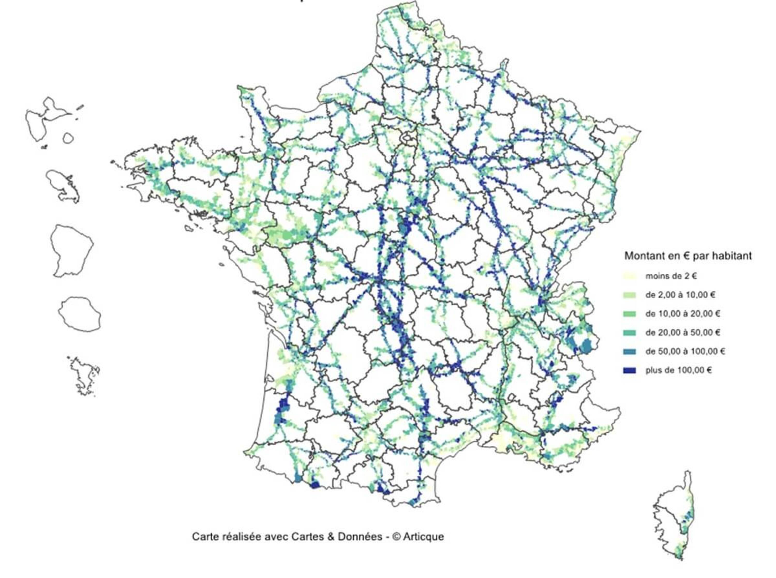 Carte représentant le montant de la taxe pylône par communes en euros par habitant